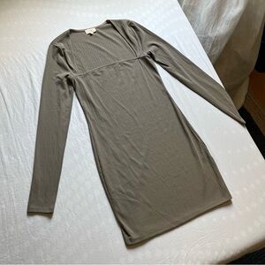 Camila Coelho grey taupe rib knit square neck long sleeve mini dress‎